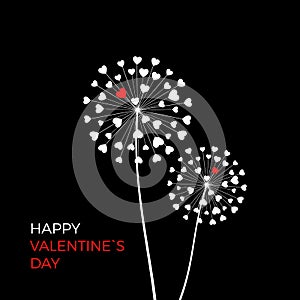 Couple of dandelion with red hearts. Happy Valentine day greeting card on black background.