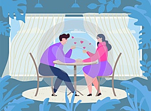 Couple date at cafe table, vector illustration, flat man woman character drink coffee at restaurant, happy young girl