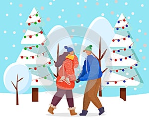 Couple on Date in Winter Forest, Decorated Trees