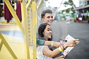 Couple Dating Amusement Park Funfair Festive Playful Happiness C