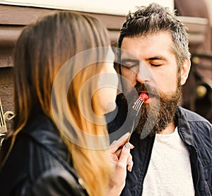 Couple dating in cafe. Dessert restaurant eating concept