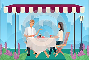 Couple dating and having breakfast outdoor restaurant
