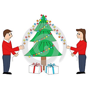 A couple decorating Christmas tree