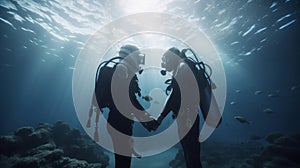 A couple of divers in love holding hands and looking at each other under the sea. Generative ai