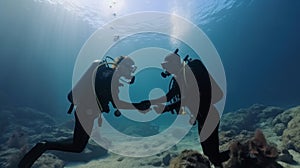 A couple of divers in love holding hands and looking at each other under the sea. Generative ai