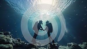 A couple of divers in love holding hands and looking at each other under the sea. Generative ai