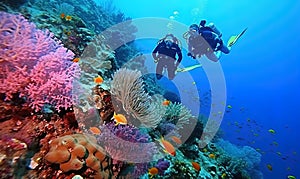 Couple of divers touring tropical reef
