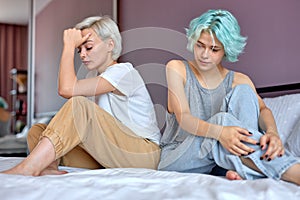 Couple diverse stress, LGBT lifestyle concept, Young caucasian lesbian couple argued photo