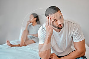 Couple, divorce and stress in home bedroom, fighting or argument. Portrait, anxiety and unhappy man and woman, sad and