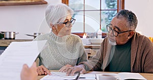 Couple, documents and reading for insurance in retirement, planning and bills or paperwork. Senior people, marriage and