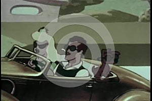 Couple with dog in car all wearing sunglasses