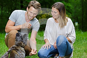 couple with dog having picnic in park