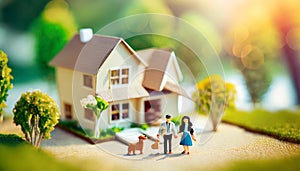 Couple with dog standing in front of new home. buying first house concept illustration ,ai generated