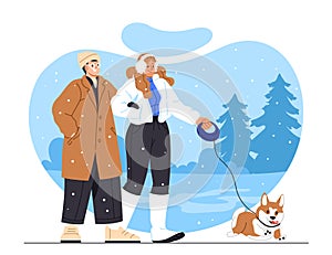 Couple with dog in winter vector concept