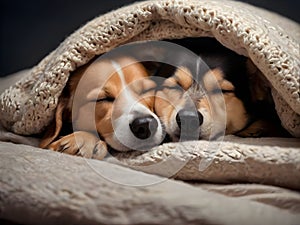 Couple of dogs in love sleeping together under the blanket in bed , warm and cozy and cuddly