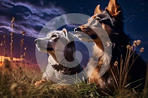 Couple of dogs sit at night in a field of grass and look up at the starry dark sky, space, dreams