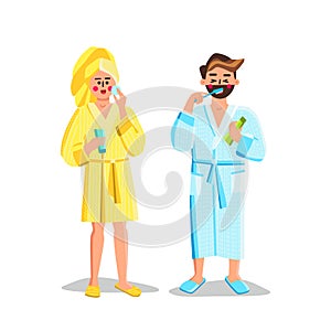 Couple Doing Morning Routine In Bathroom Vector