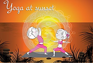 Couple doing yoga on the beach at sunset, vector background