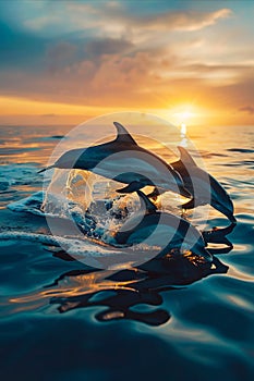 A couple of dolphins jumping out of the water at sunset