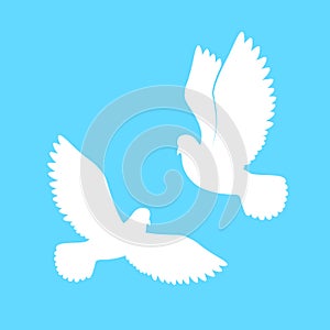 Couple of dove. Paper pigeons silhouette. White free birds in sky. Vector illustration