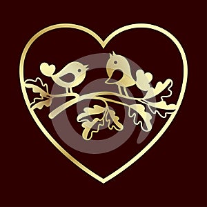 Couple of doves on an oak branch inside the heart. Laser cutting or foiling template.