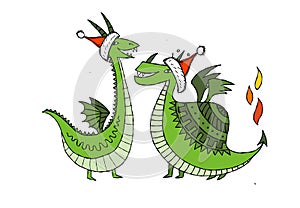 Couple of Dragons character with Santa hats. Symbol of Chinese New Year 2024 for your design