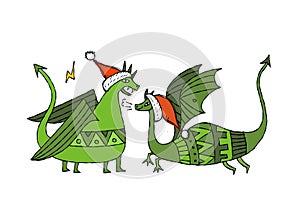 Couple of Dragons character with Santa hats. Symbol of Chinese New Year 2024 for your design