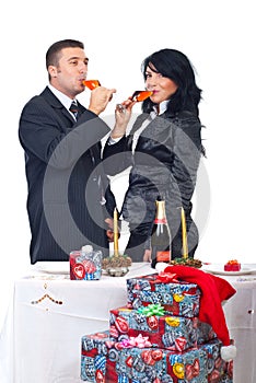 Couple drinking champagne and celebrate X-mas