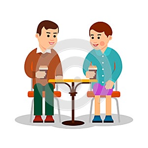 Couple drinking coffee. Girl and boy with drinks in their hands. Attractive woman and man with hot beverage. Love, romance, dating