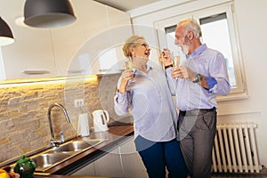 Couple drinking wine in home kitchen