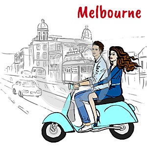 Couple driving scooter on Chapel street