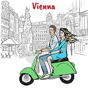 Couple driving scooter in Vienna