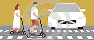 Couple on e-scooter in urban, flat vector stock illustration with young man and woman on scooter and car in urban