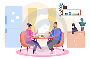 Couple eat breakfast together in cozy room interior