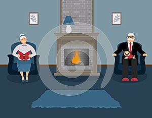 A couple of elderly people are sitting by the fireplace in a beautiful cozy blue living room