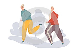 Couple elderly running together. Exercise of senior. Portrait of handsome and beautiful grandmother and grandfather