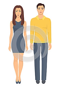 Couple in elegant clothes. Young man and woman standing in full growth in casual clothes. Basic wardrobe. Vector illustration, iso