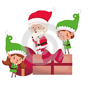 Couple of elves and santa claus with gifts boxs