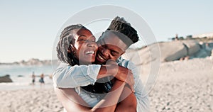 Couple, embrace and happy on beach with love for romance, affection or bonding on honeymoon vacation. Black man, woman