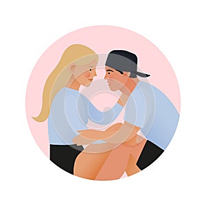 Couple Embrace. Teenagers Sit Opposite to Each Other in Pink Circle Shape. Decorative Badge.
