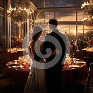 A couple embraces in an opulent banquet hall at sunset