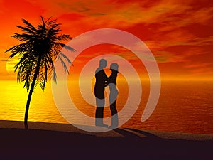 A couple embracing each other at sunset.