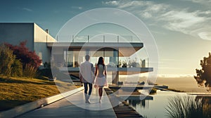 couple embracing in front of new big modern house, outdoor rear view back looking at their dream home