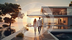 couple embracing in front of new big modern house, outdoor rear view back looking at their dream home