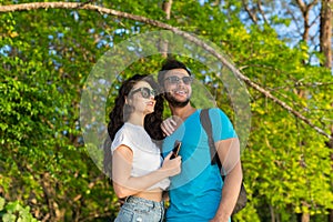 Couple Embracing Tropical Green Forest Summer Vacation, Beautiful Young People In Love, Man Woman Happy Smile