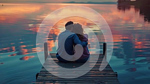 A couple embracing on a wooden dock the water reflecting the colors of the sunset as they enjoy a peaceful moment