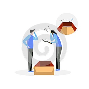Couple with empty box, Nothing in box, No Results Founding, boy and girls searching important things in box with magnifying glass