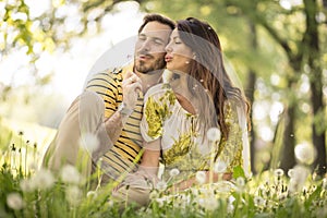 Couple enjoy in nature. Spring season.