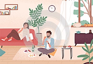 Couple enjoy romantic date at home vector flat illustration. Man and woman having dinner with champagne and snack. Male