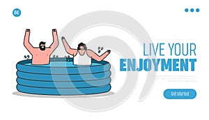 Couple enjoying inflatable pool. Template landing page with young man and woman relax and splash